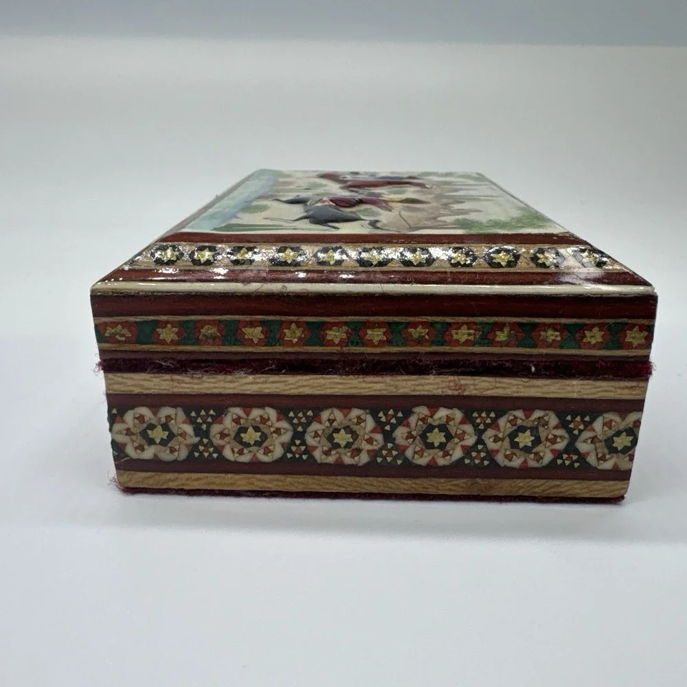 Persian Khatam Wood Trinket Box Hand Made Inlaid With Hunting Scenes On Lid